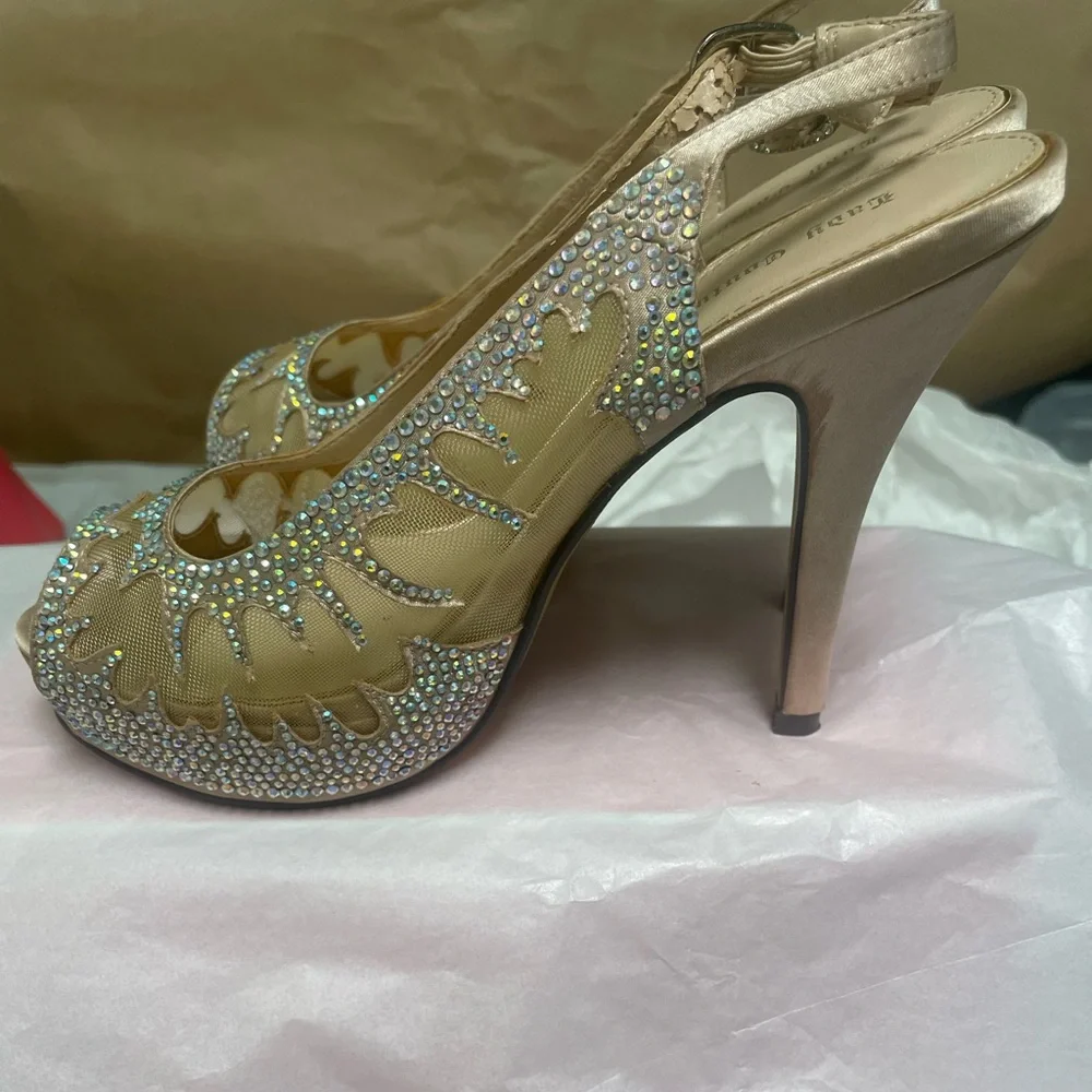 LADY COUTURE DREAM embellished platform peep toe sling back heels mesh size 37